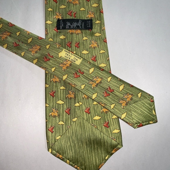 👋🏾SOLD👋🏾auth HERMÈS leaf green silk necktie PEGASUS & bird - Picture 2 of 4